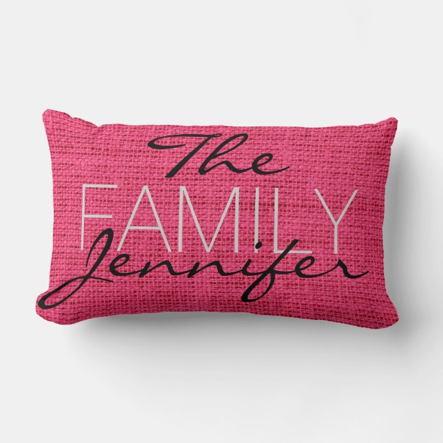 Hot Pink Burlap Rustic Linen Monogram Lumbar Cushion (Front)