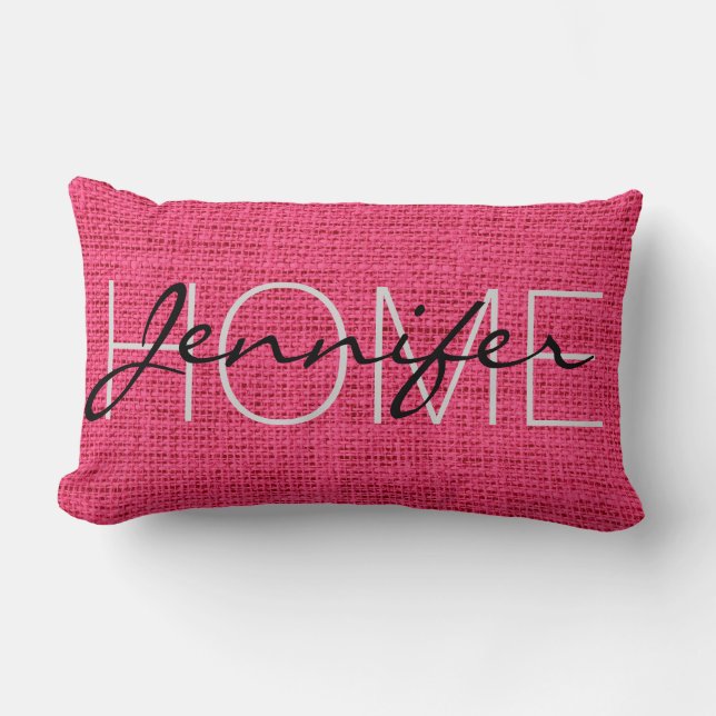 Hot Pink Burlap Rustic Monogram Lumbar Cushion (Front)