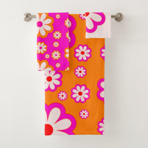 Hot Pink& Burnt Orange Daisies 70s Retro Floral  Bath Towel Set