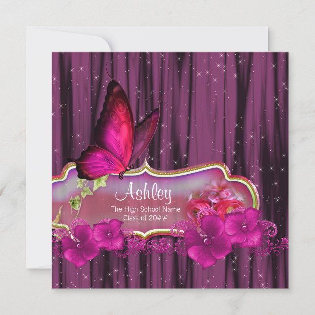 Hot Pink Butterfly Graduation Announcements (Front)