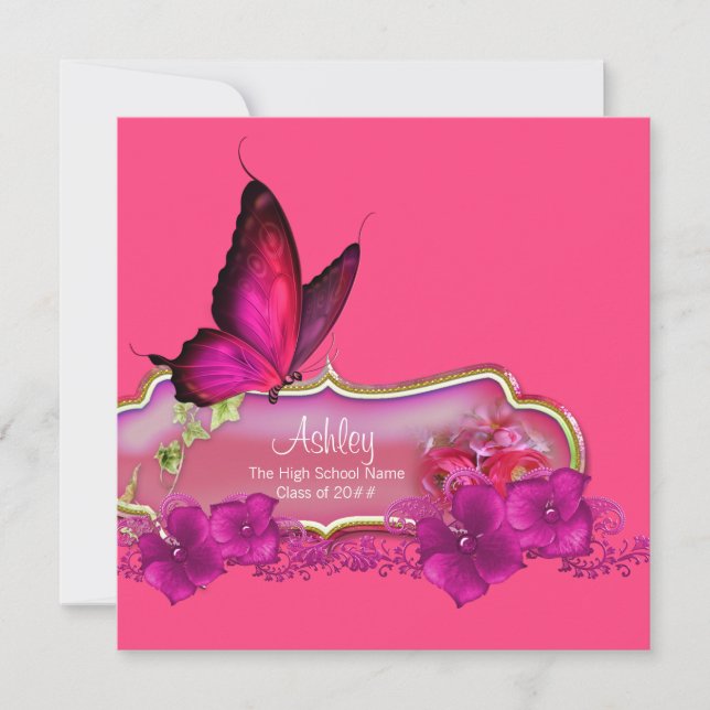 Hot Pink Butterfly Graduation Announcements (Front)
