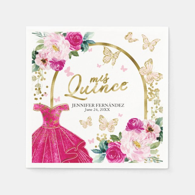 Hot Pink Butterfly Quinceanera Napkins  (Front)