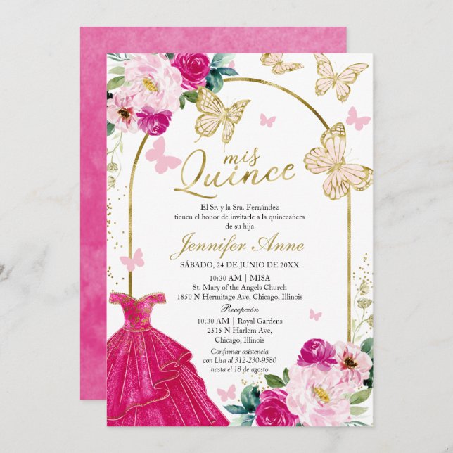 Hot Pink Butterfly Spanish Quinceanera Invitations (Front/Back)