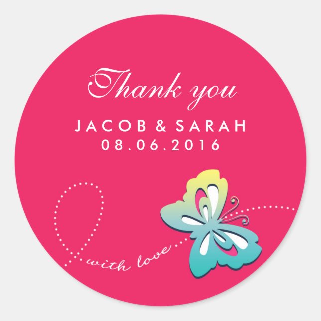 Hot Pink Butterfly Swirl Wedding Thank You Sticker (Front)