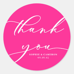 Hot Pink Calligraphy Wedding Thank You Classic Round Sticker