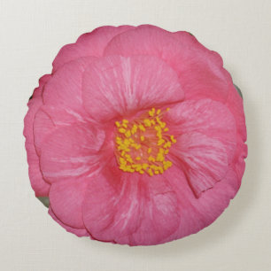 Hot Pink Camellia Growing On A Tree, Round Cushion