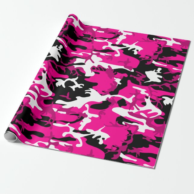 hot pink camouflage black white camo wrapping paper (Unrolled)