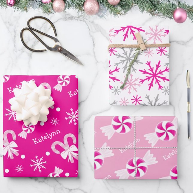 Hot Pink Candy Canes Peppermint & Snowflakes Name Wrapping Paper Sheet (Creator Uploaded)