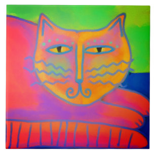 Hot Pink Cat Abstract Digital Painting Ceramic Tile