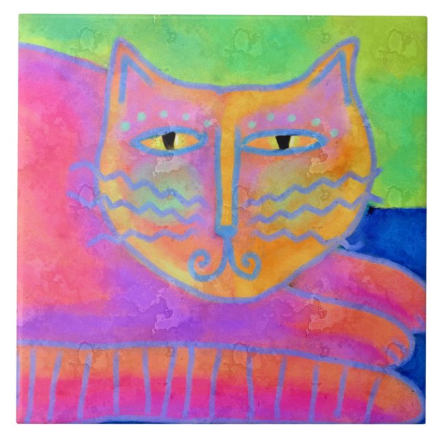 Hot Pink Cat Abstract Painting Ceramic Tile (Front)