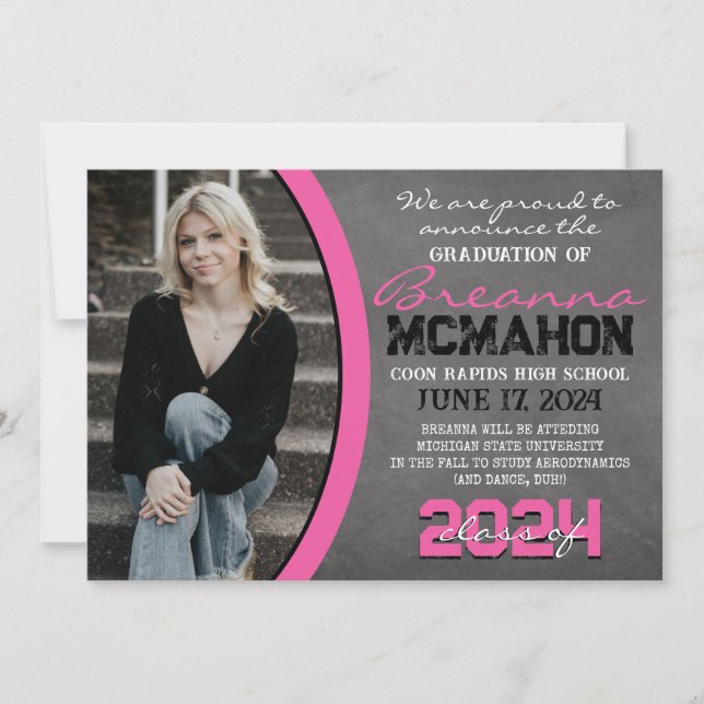 Hot Pink Chalkboard Graduation Photo Announcement (Front)