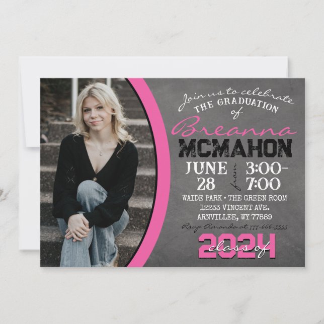 Hot Pink Chalkboard Graduation Photo Invitation (Front)
