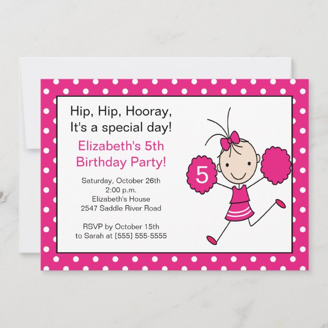 Hot Pink Cheerleader Cheer Birthday Invitation (Front)