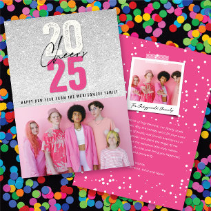 Hot Pink Cheers 2025 Glitter Chic New Year Photo Holiday Card