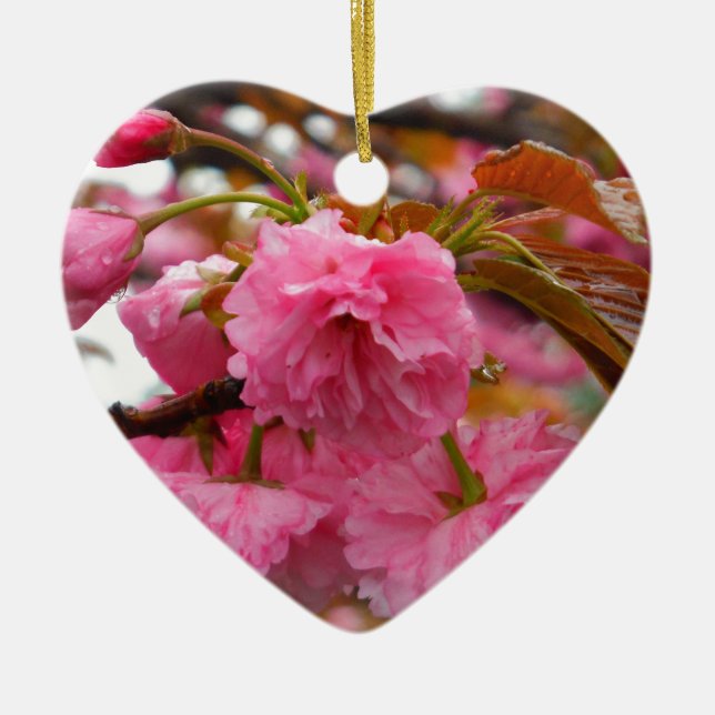 Hot Pink Cherry Blossom Flowers Ceramic Tree Decoration (Front)