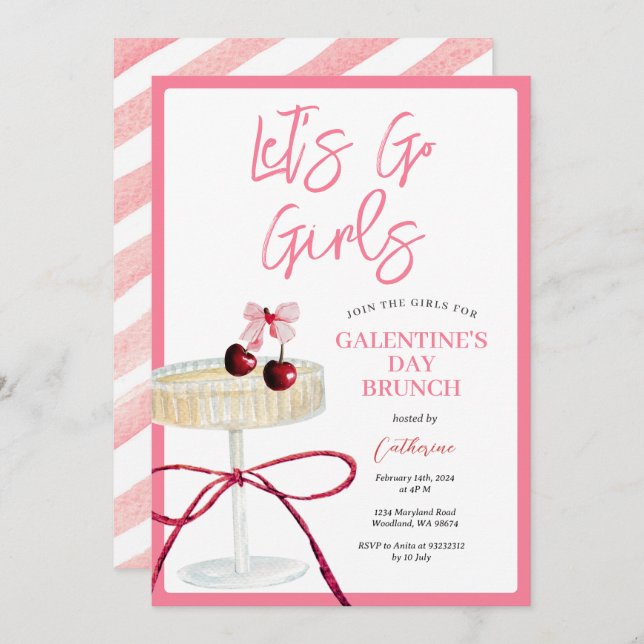 Hot Pink Cherry Cocktail Girls’ Day Brunch Night Invitation (Front/Back)
