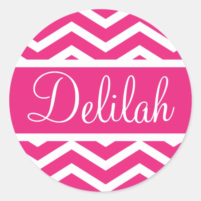 Hot Pink Chevron Custom Name Classic Round Sticker (Front)