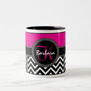 Hot Pink Chevron Monogram Barbara K Chic Two-Tone Coffee Mug