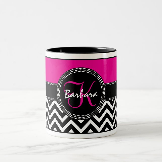 Hot Pink Chevron Monogram Barbara K Chic Two-Tone Coffee Mug (Center)