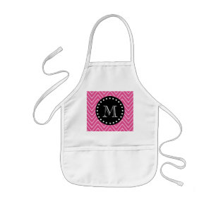 Hot Pink Chevron Pattern Black Monogram Kids Apron