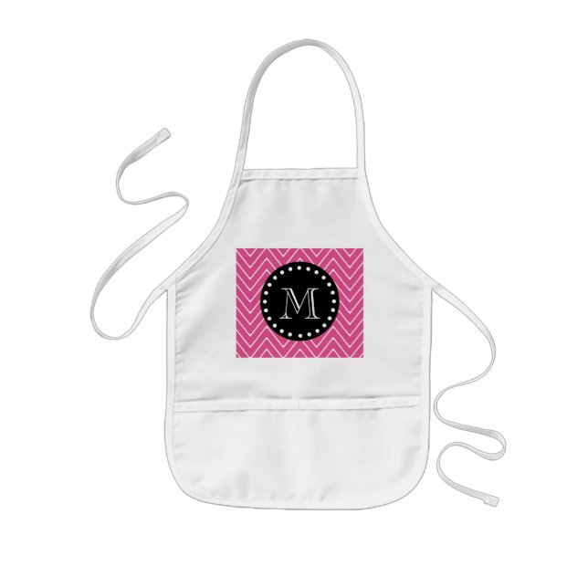 Hot Pink Chevron Pattern | Black Monogram Kids Apron (Front)