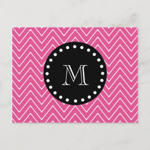 Hot Pink Chevron Pattern   Black Monogram Postcard