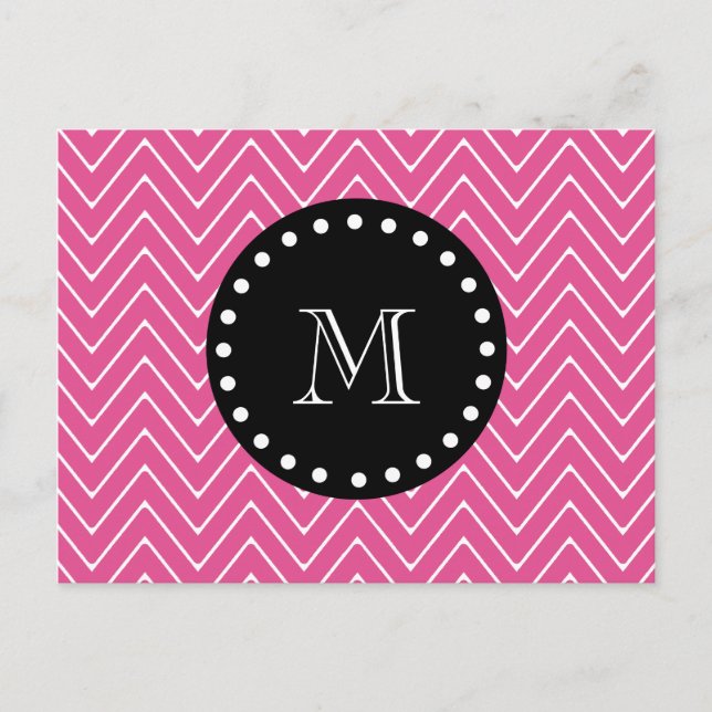 Hot Pink Chevron Pattern | Black Monogram Postcard (Front)
