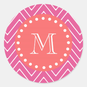 Hot Pink Chevron Pattern   Coral Monogram Classic Round Sticker