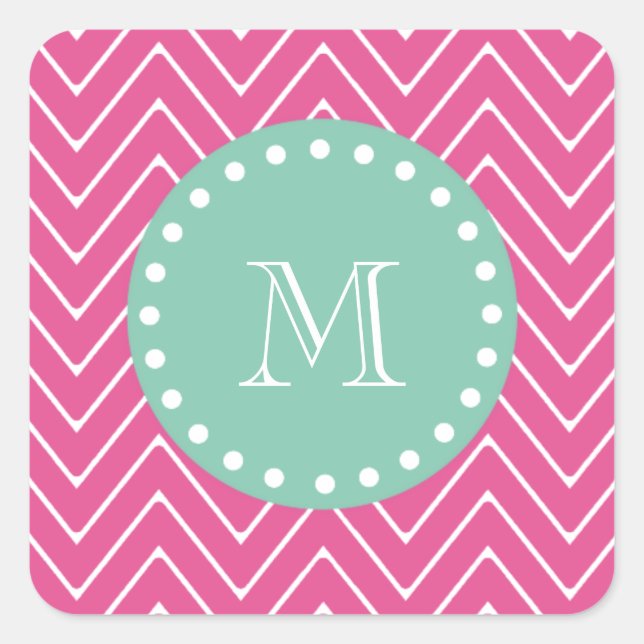 Hot Pink Chevron Pattern | Mint Green Monogram Square Sticker (Front)