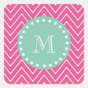 Hot Pink Chevron Pattern   Mint Green Monogram Square Sticker