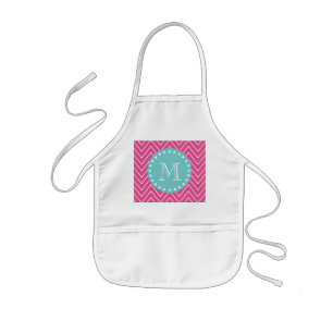 Hot Pink Chevron Pattern Teal Monogram Kids Apron