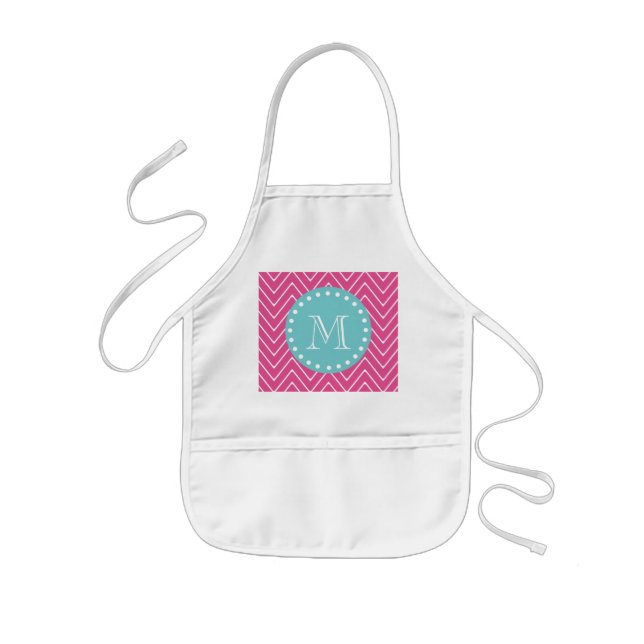 Hot Pink Chevron Pattern | Teal Monogram Kids Apron (Front)