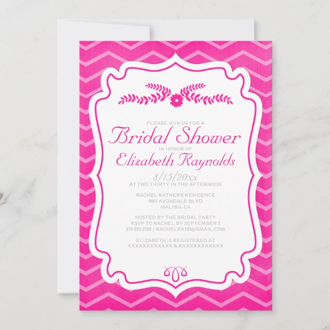 Hot Pink Chevron Stripes Bridal Shower Invitations (Front)