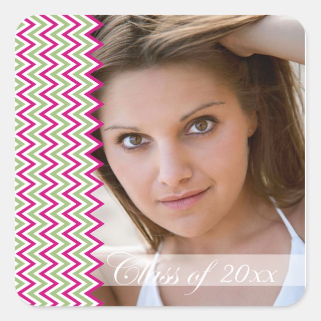 Hot pink chevron zig zag photo graduation stickers (Front)