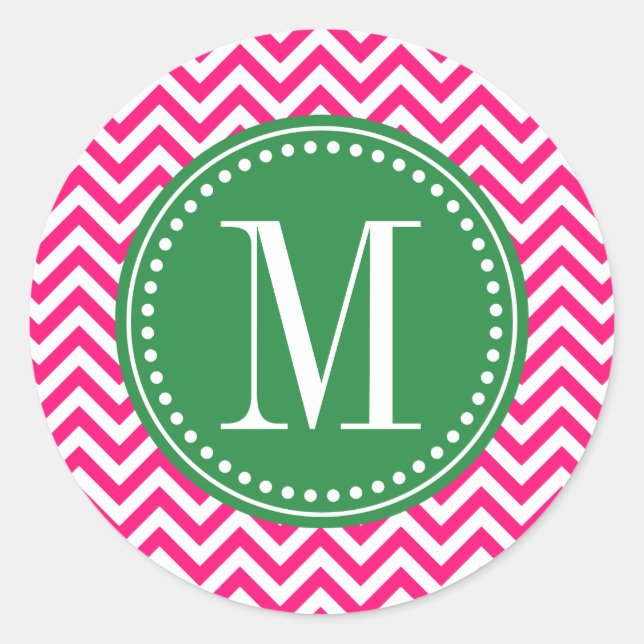 Hot Pink Chevron Zigzag Personalised Monogram Classic Round Sticker (Front)