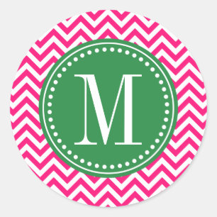 Hot Pink Chevron Zigzag Personalised Monogram Classic Round Sticker