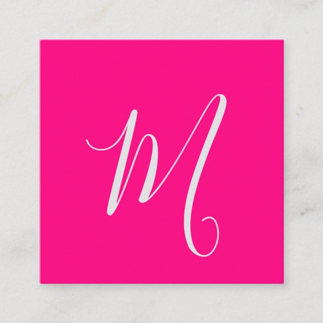 hot pink- chic monogram  square business card (Front)