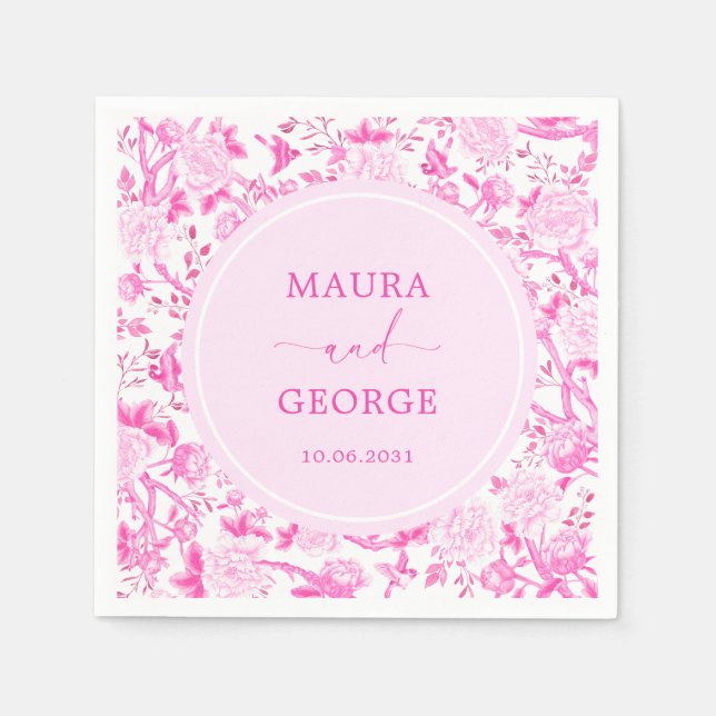 Hot Pink Chinoiserie Flower Bird Porcelain Wedding Napkin (Front)