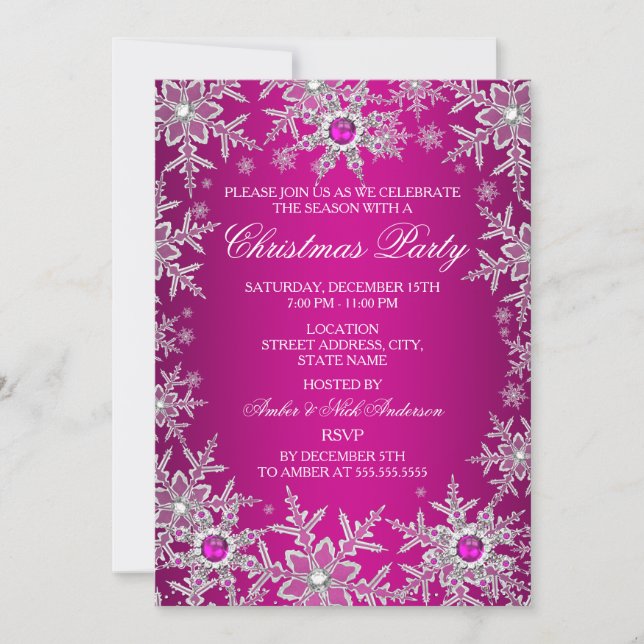 Hot Pink Christmas Party Crystal Snowflake Invitation (Front)