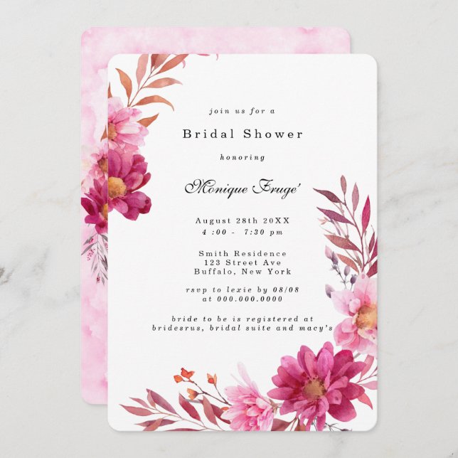 Hot Pink Chrysanthemum Bridal Shower Invitation (Front/Back)