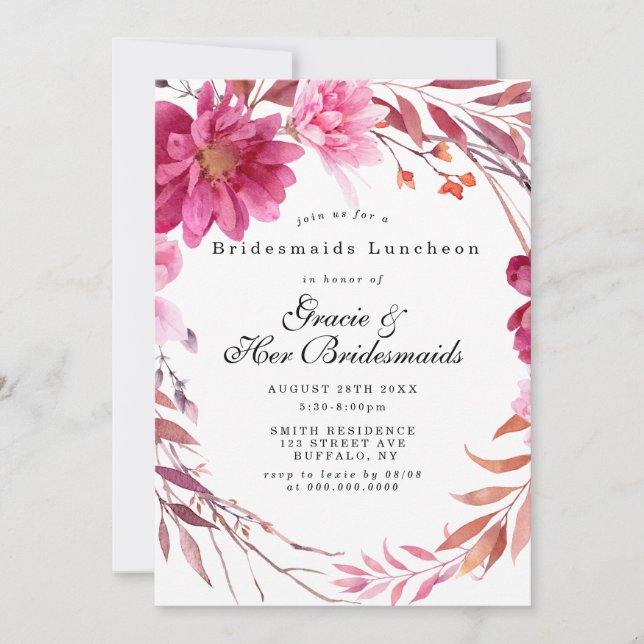 Hot Pink Chrysanthemum Bridesmaids Luncheon Invite (Front)