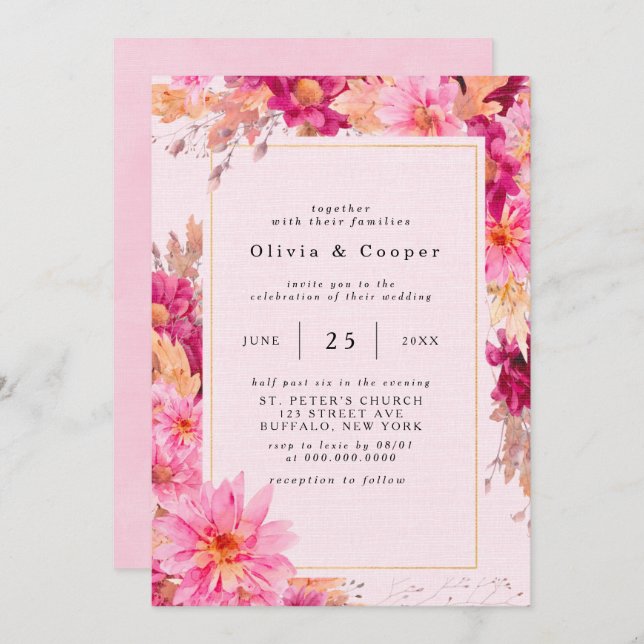 Hot Pink Chrysanthemum Wreath Wedding Invitation (Front/Back)