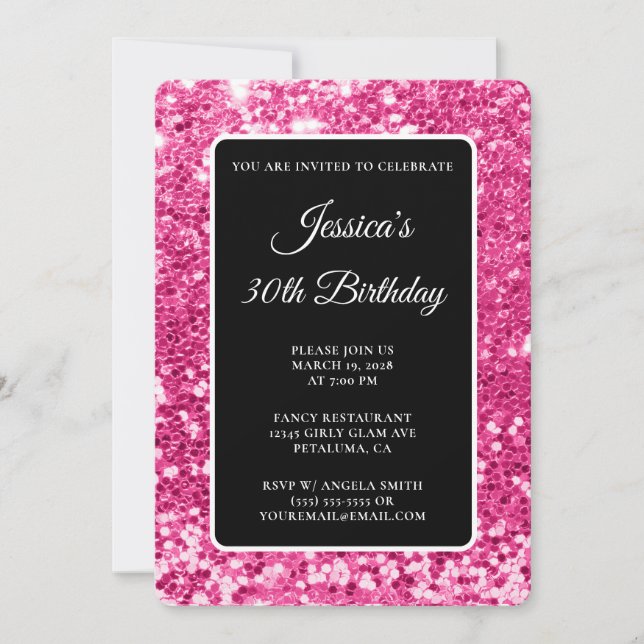 Hot Pink Chunky Glitter Black White 30th Birthday Invitation (Front)