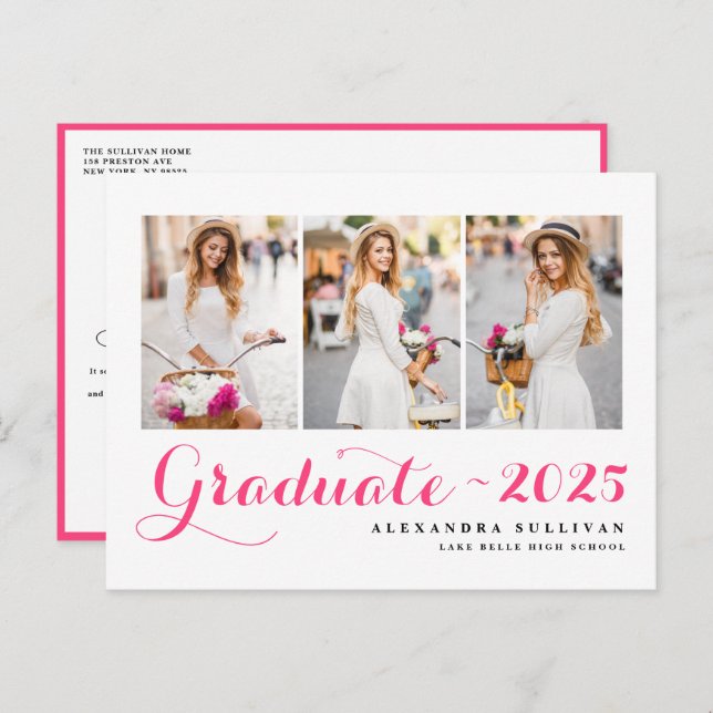 Hot Pink Class of 2025 Photo Collage Graduation Invitation Postcard (Front/Back)
