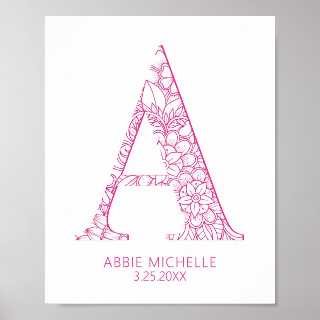 Hot Pink Coastal Mandala Letter A Wall Art Kids (Front)