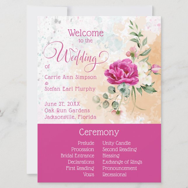 Hot Pink Colour Splash Wedding Program (Front)