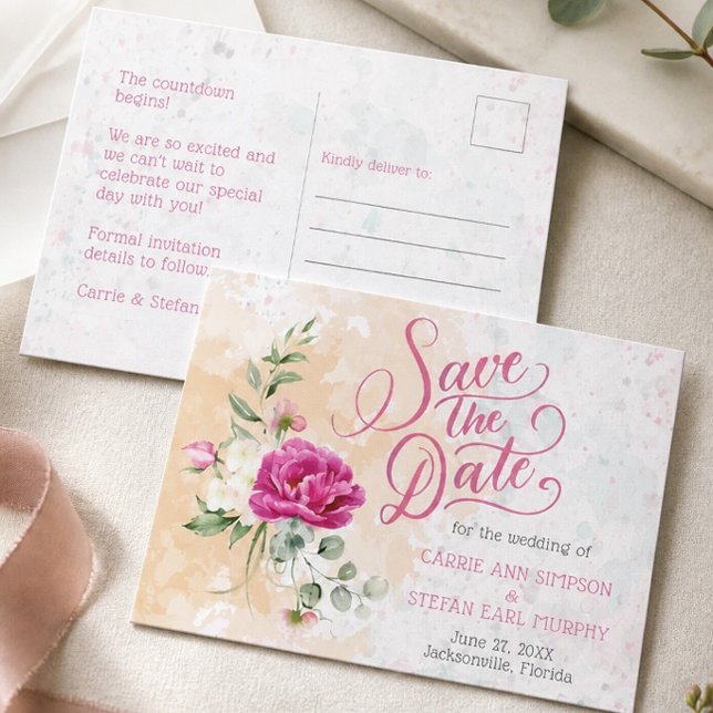 Hot Pink Colour Splash Wedding Save the Date Postcard (Creator Uploaded)