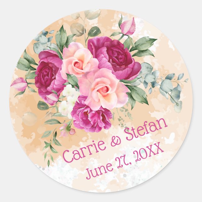 Hot Pink Colour Splash Wedding Small Round Sticker (Front)