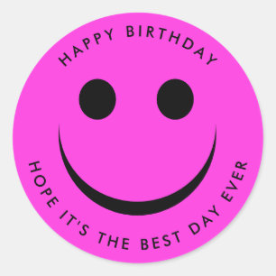 Hot Pink Colourful Happy Face Birthday Classic Round Sticker