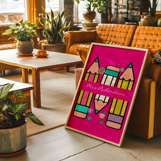 Hot Pink Colourful Teacher Cartoon Pencil Poster (Creator Uploaded)